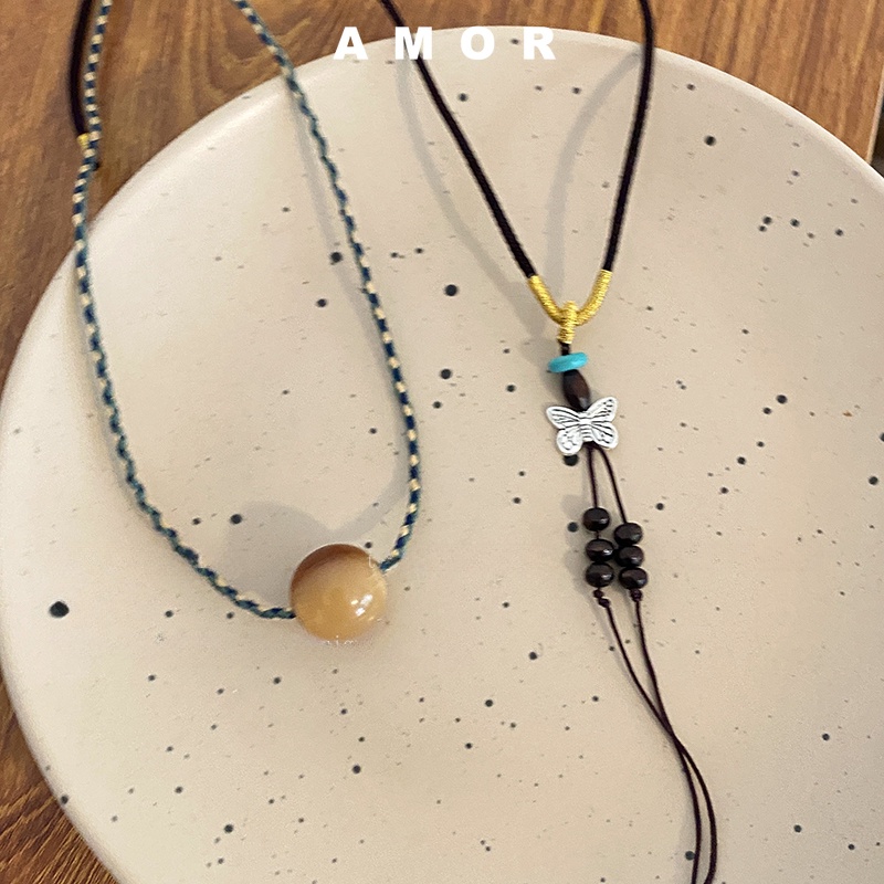 Vòng Cổ Hai Lớp Mặt Bướm Mã Não Thiết Kế Mới Thời Trang Theo Phong Cách Trung Hoa