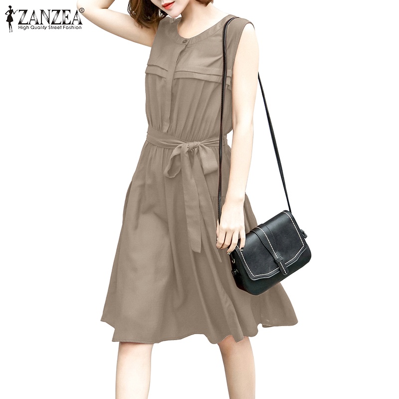 Zanzea Đầm Nữ Cộc Tay Cổ Tròn Thời Trang Hàn