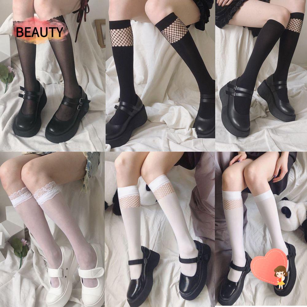 Tất lưới cá cổ cao qua đầu gối vải co giãn chất lượng cao màu trắng đen đính nơ viền ren phong cách lolita cho bạn gái