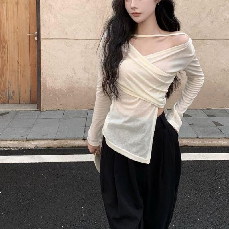 HUIZUMEI Áo Thun Tay Dài Mỏng Xuyên Thấu Quyến Rũ Dễ Phối Đồ Cho Nữ