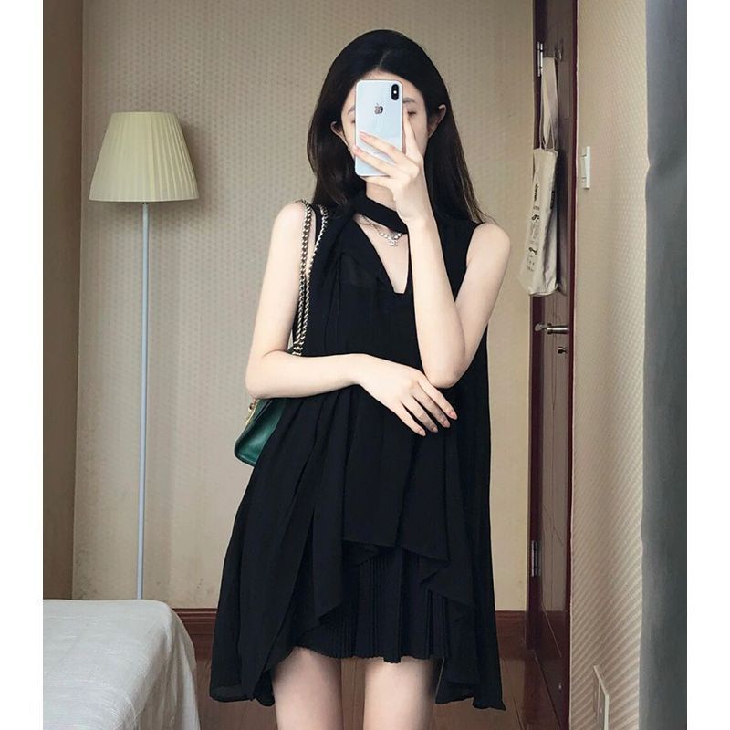 Sugemiusi váy của phụ nữ váy sang trọng thiết kế pháp niche áo sơ mi không tay phụ nữ mùa hè phong cách mới sang trọng áo sơ mi voan đen gợi cảm hàng đầu