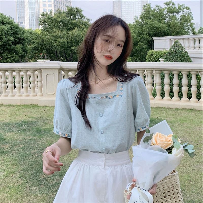 Áo Sơ Mi Ngắn Tay Cổ Vuông Thêu Hoa Thời Trang Mùa Hè Dành Cho Nữ
