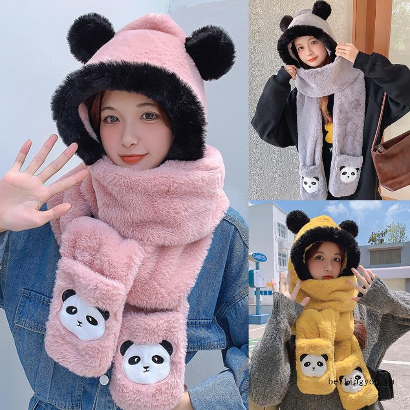 Bộ Nón Khăn Choàng Găng Tay Và Găng Tay Lông Xù Kiểu Gấu Trúc Đáng Yêu Cho Nữ