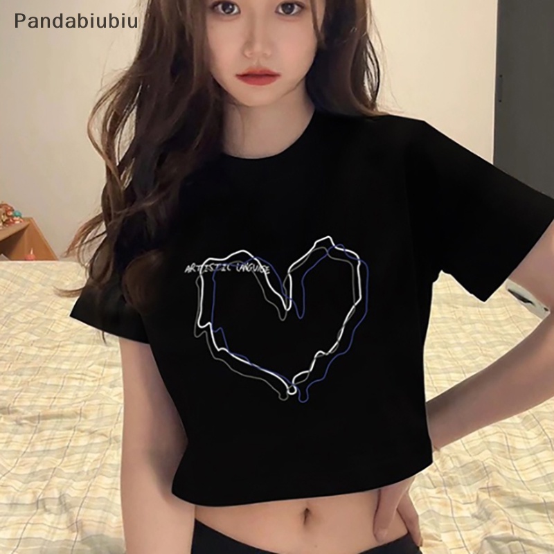 Áo đôi thun phông croptop baby tee trái tim đen T-shirt Nữ