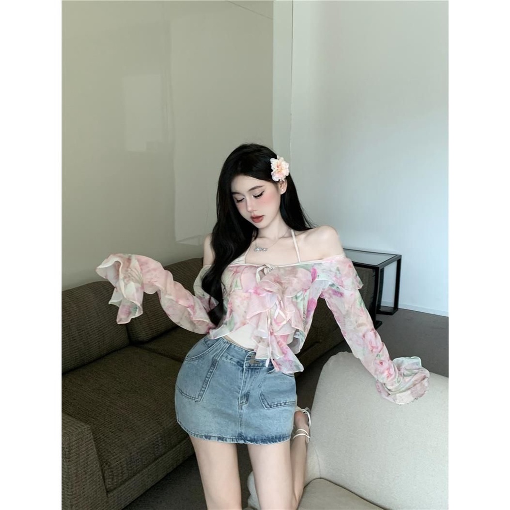 Áo Kiểu Vải Voan Trễ Vai Phối Bèo Thời Trang Mùa Hè Hàng Mới Dành Cho Bạn Nữ