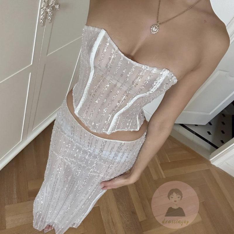 Dre-women bandage backless crop bandeau tops và váy dài co giãn