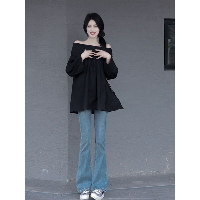S-xl black shirt loose off-the-shoulder long-sleeved one