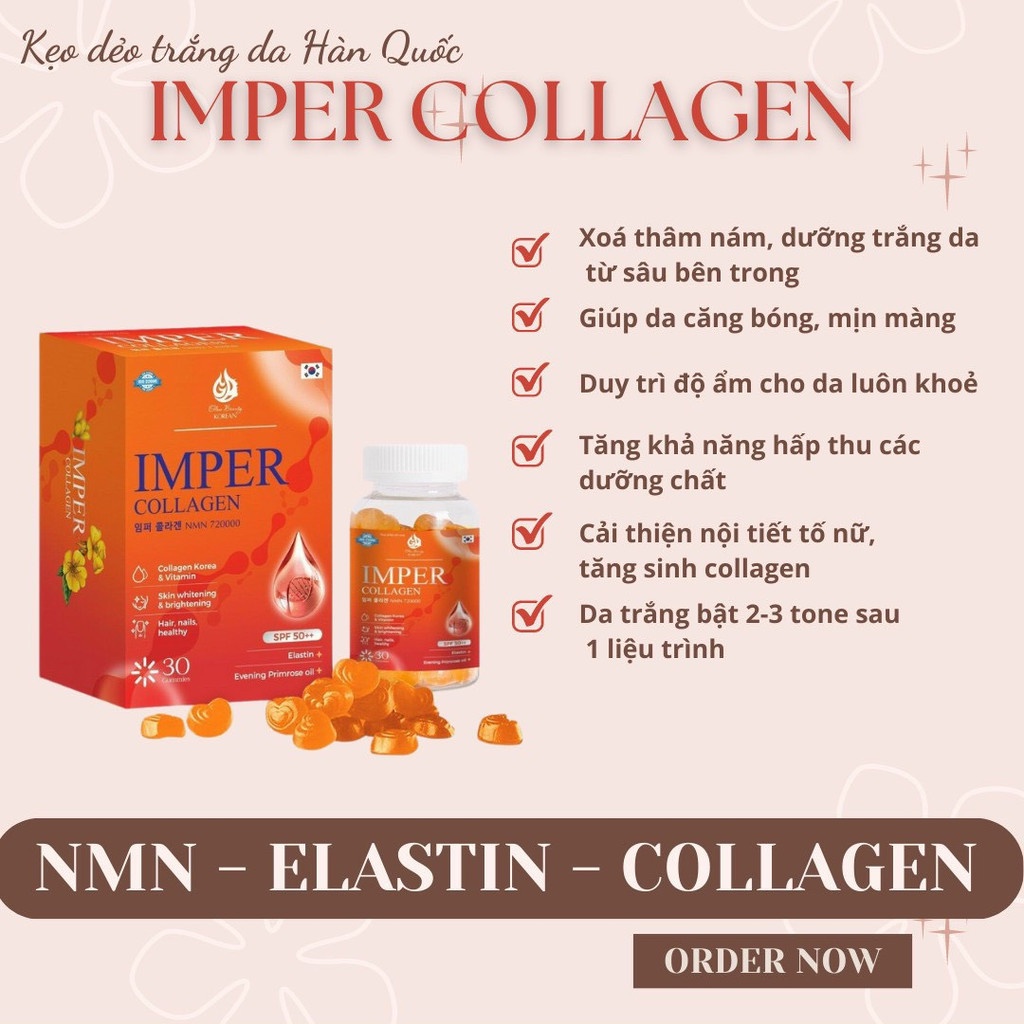 Kẹo Dẻo Trắng Da Imper Collagen Dưỡng Da Mờ Nám Chống Nắng Hộp 30 Viên