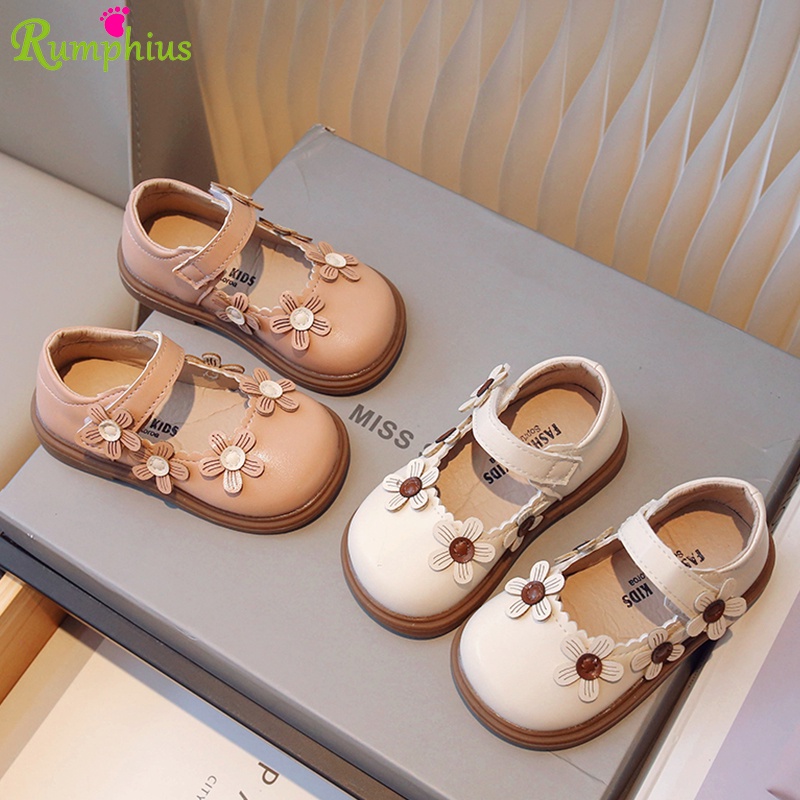 Rumphius Giày búp bê bé gái bằng da đế mềm chống trượt đính hoa vintage đáng yêu ngọt ngào size 21-30
