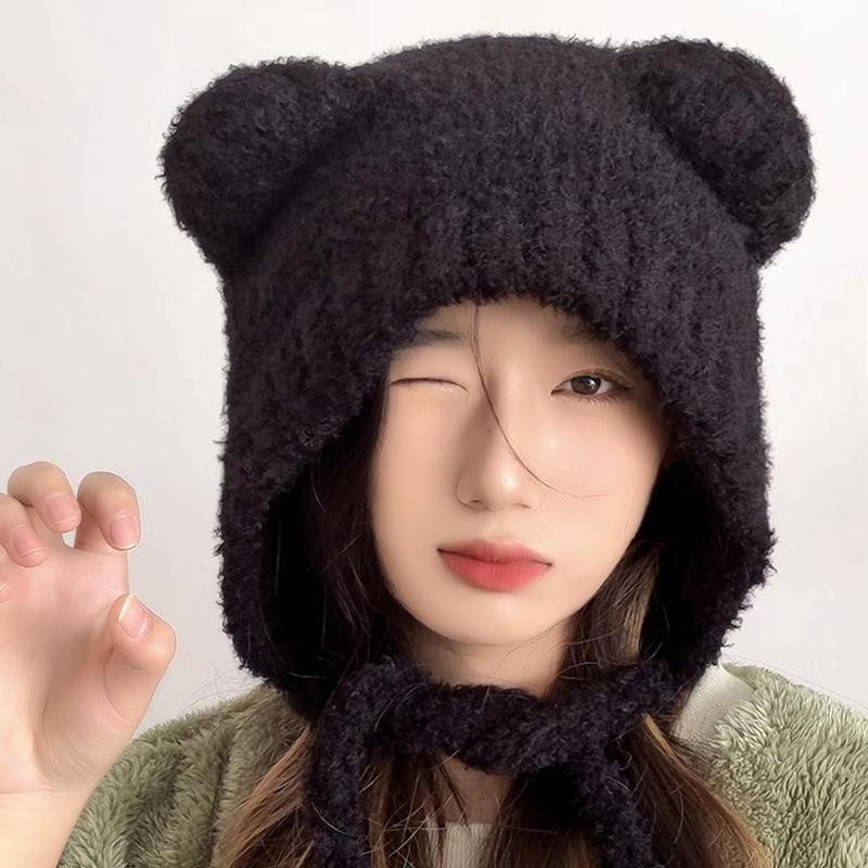 Mũ Len Dệt Kim Đính Tai Gấu Nhỏ Dễ Thương Giữ Ấm Mùa Đông Cho Nữ