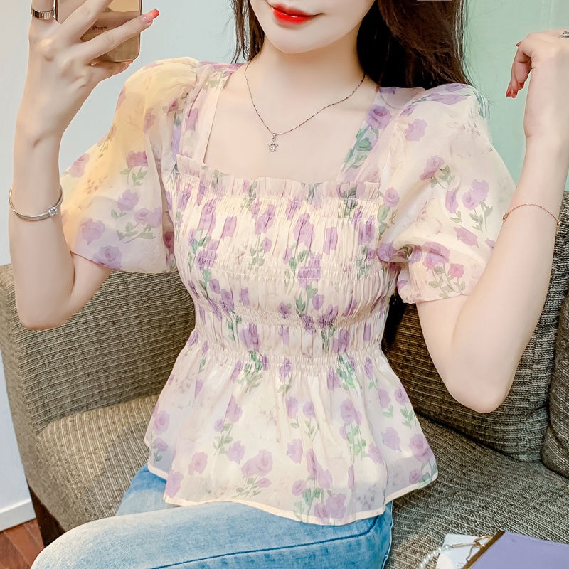 Áo sơ mi nữ hoa cổ vuông kiểu pháp mùa hè với tay áo bong bóng tay ngắn và thời trang eo thon