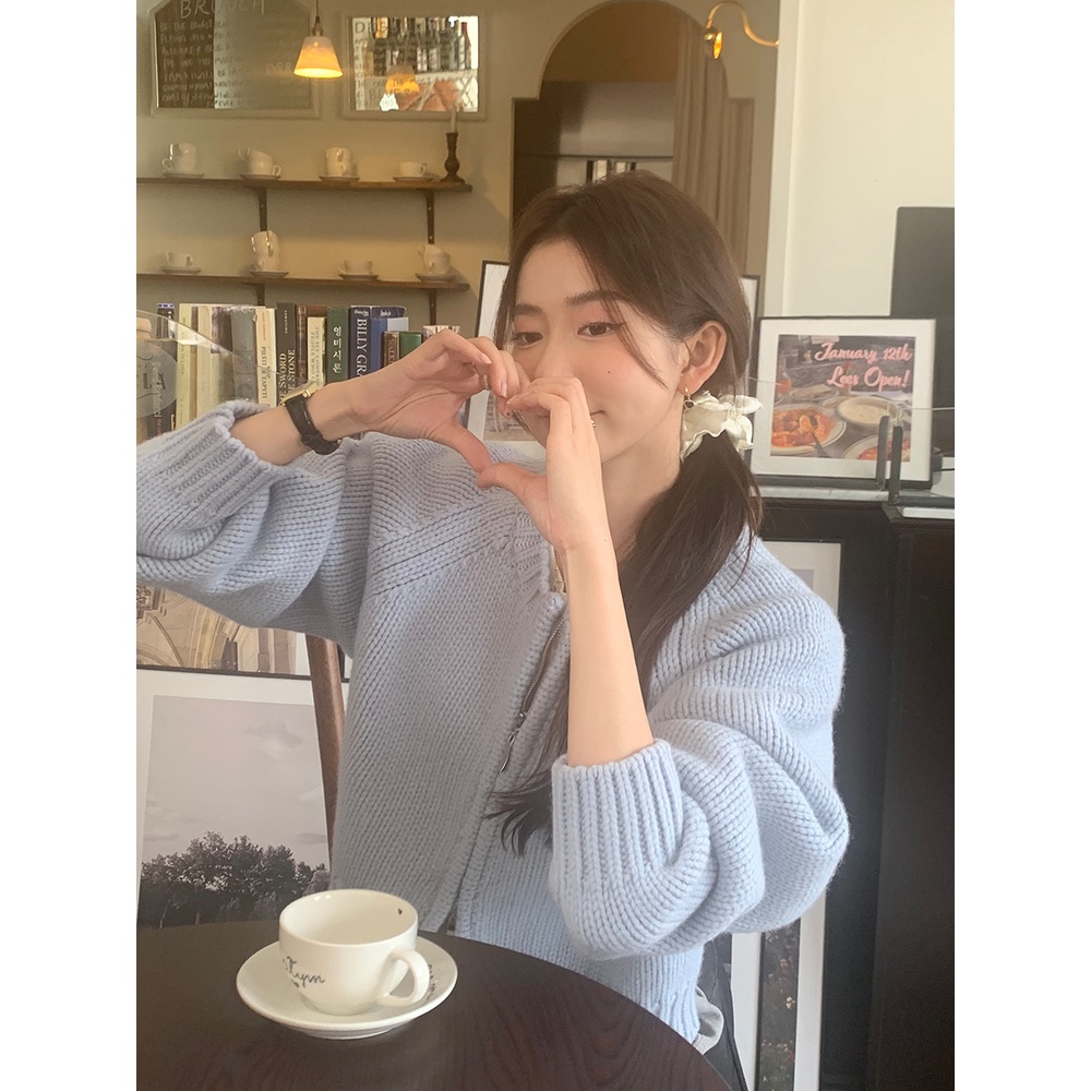 Zipper knitted sweater cardigan outer match women's early autumn short French retro advanced temperament loose coat MC women's TO7P