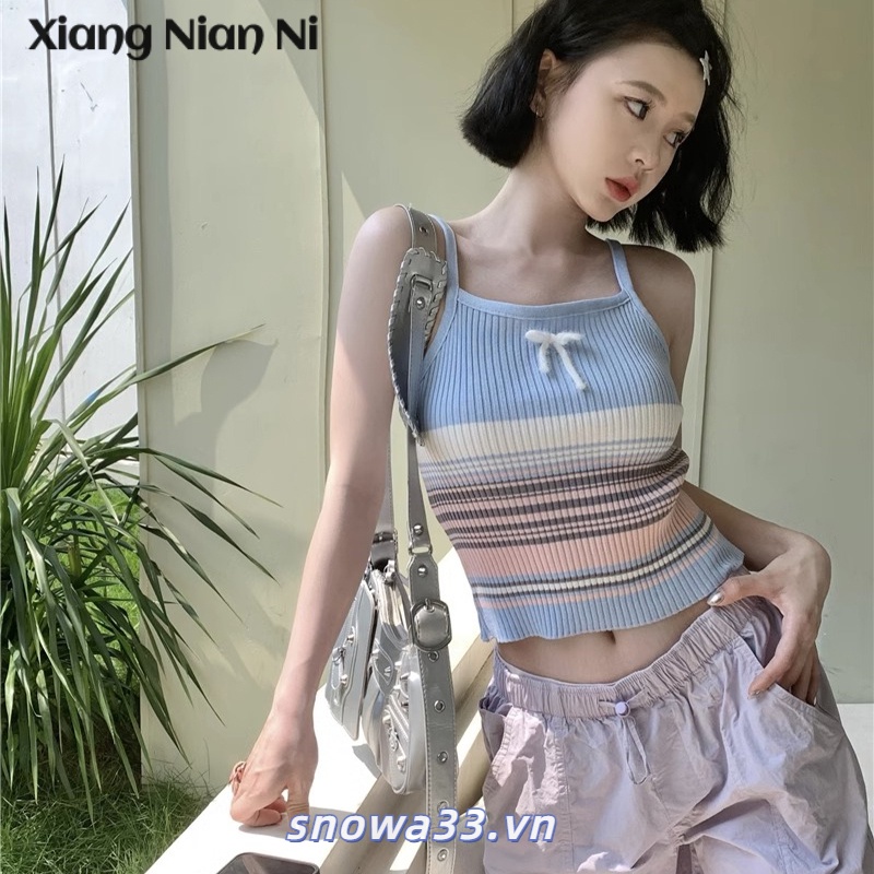 Xiang nian ni bowknot sọc dệt kim Áo hai dây nhỏ của phụ nữ mùa hè mới kiểu pháp ngọt ngào và cay phong cách bên trong mặc sexy top