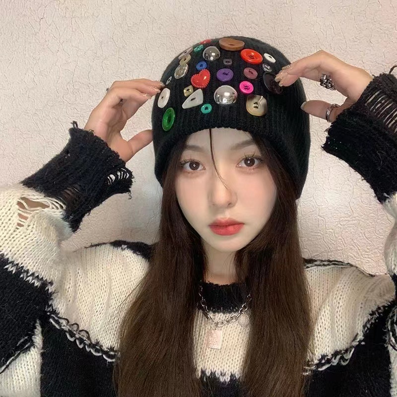 Mũ dệt kim nút đầy màu sắc thời trang phong cách hàn quốc