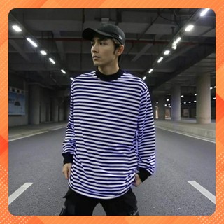 Áo thun tay dài sleeves bo sọc ngang xanh - giá sỉ unisex