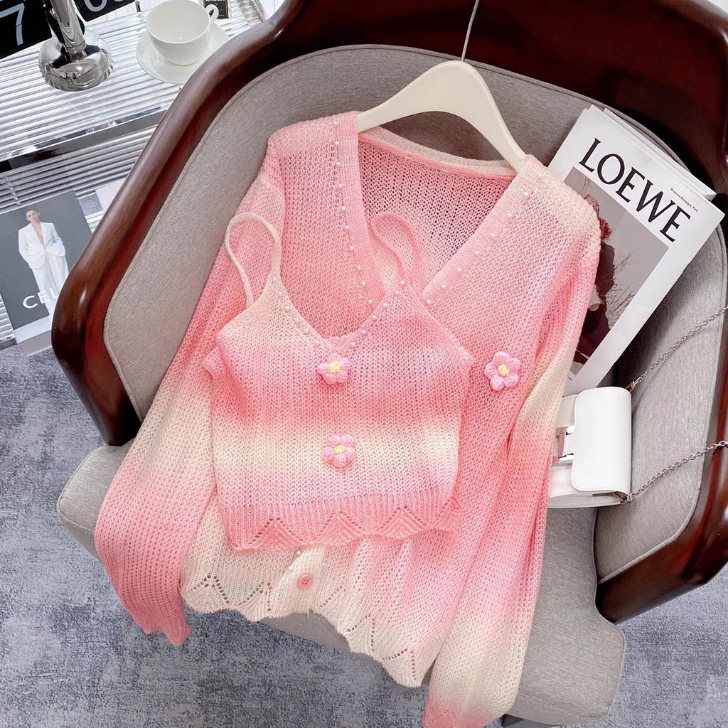 Bộ Áo cardigan Hai Mảnh Màu Hồng Phong Cách Mới 2023