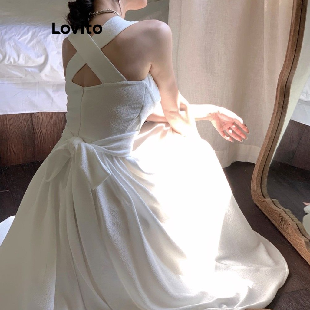 Đầm Lovito phối dây chéo cột nơ lưng màu trơn thường ngày cho nữ LNA19217