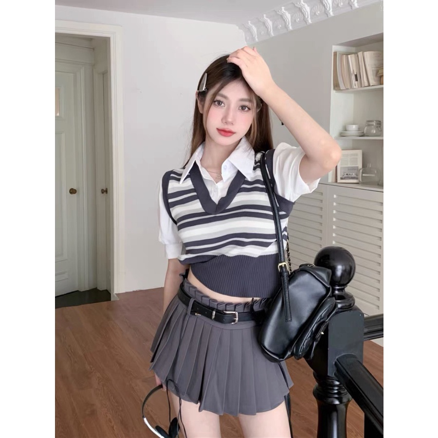 Áo len sọc pha sơ mi lên phom hách tuổi phong cách HQ hàng QC