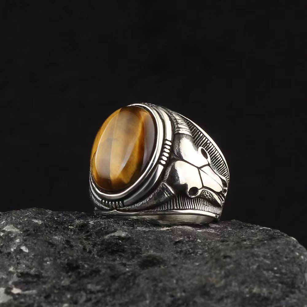 Bull skull mã não đen đá mắt hổ sapphire cổ điển bạc titan thép đàn ông punk đồ trang sức thời trang đá mát mẻ nhẫn ngón tay