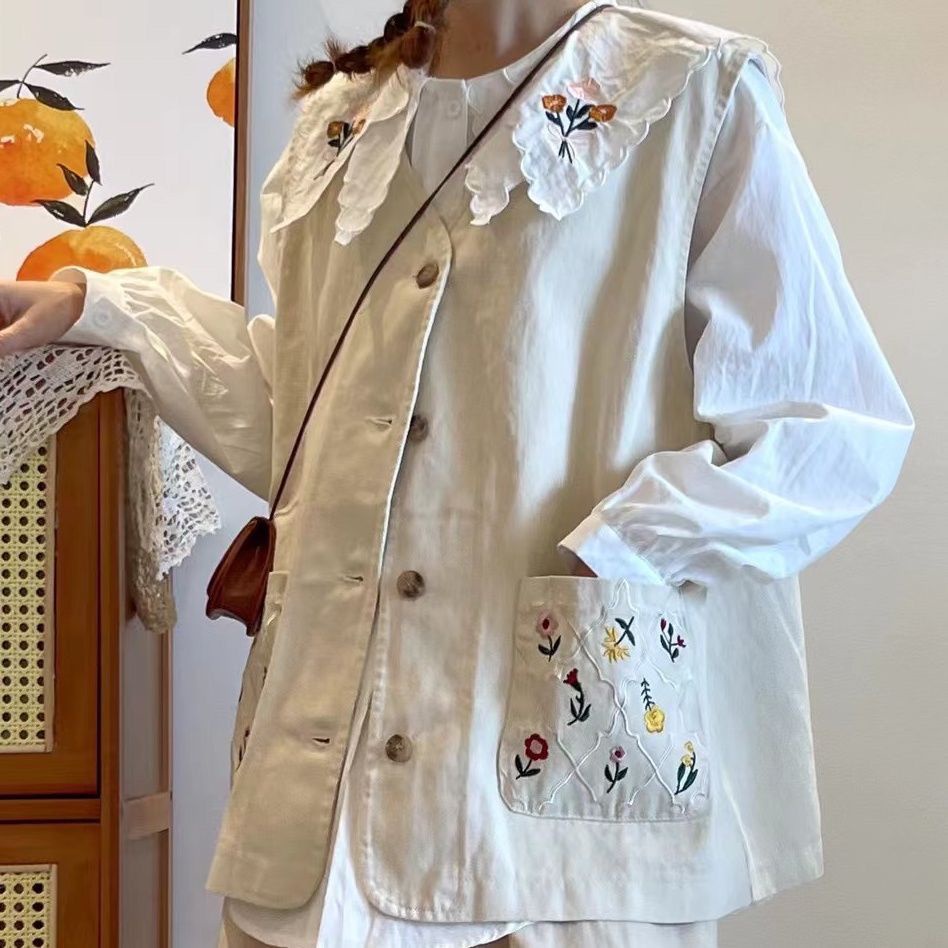 Áo khoác không tay dáng rộng thêu họa tiết thiết kế túi đôi thời trang vintage mùa thu cho nữ size lớn 150kg