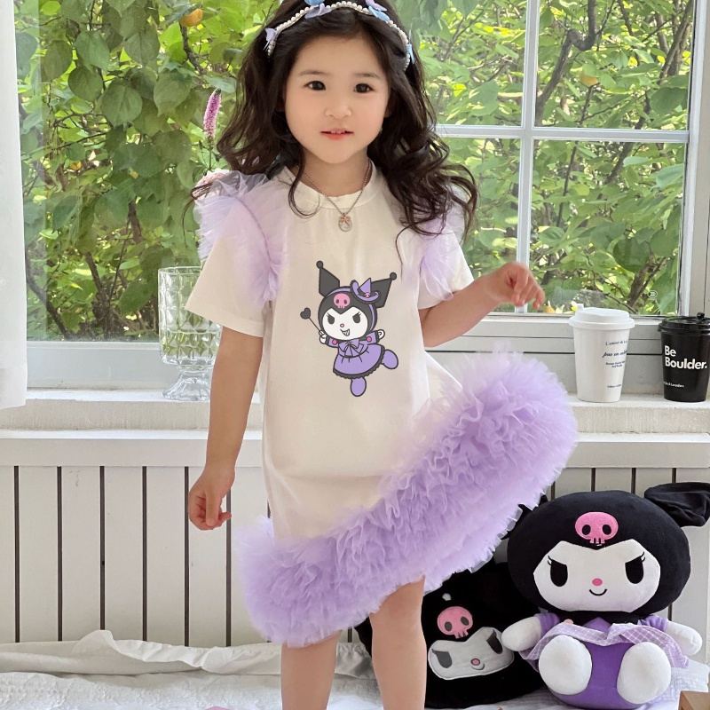 Cô gái công chúa váy mùa hè ánh sáng giải trí t-shirt phim hoạt hình kuromi cinnamoroll in thời trangtutu váy trẻ em quần áo