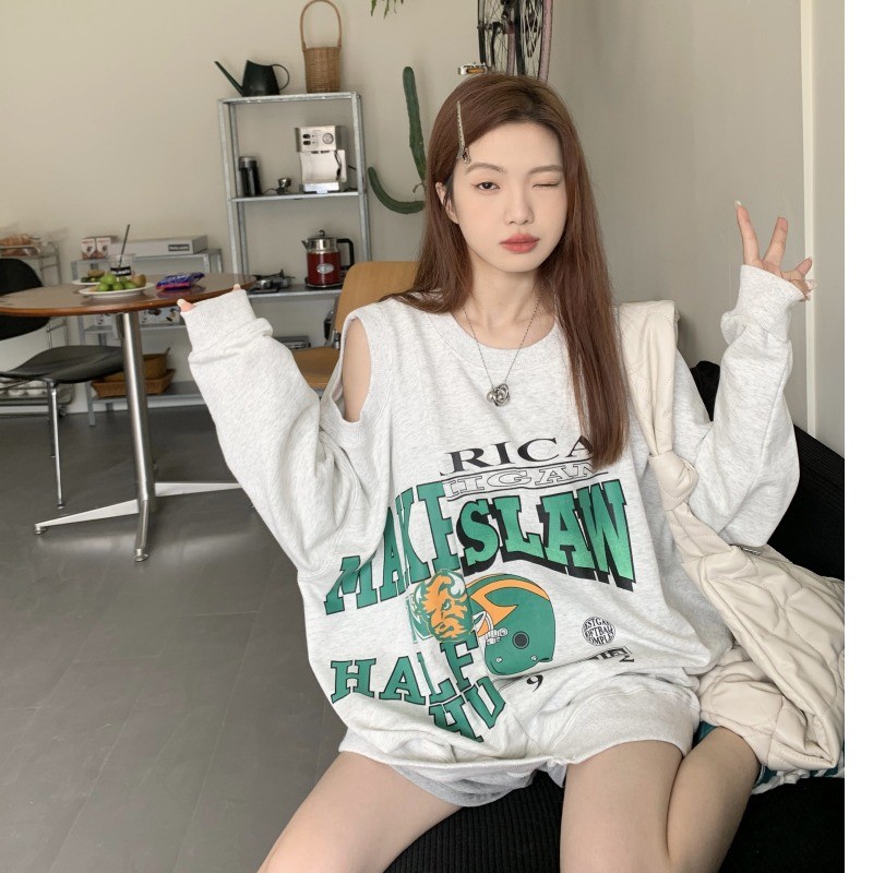 TINGYAXIU  Áo Nỉ Nữ Dài Tay Cổ Tròn Hở Vai Thời Trang Hàn