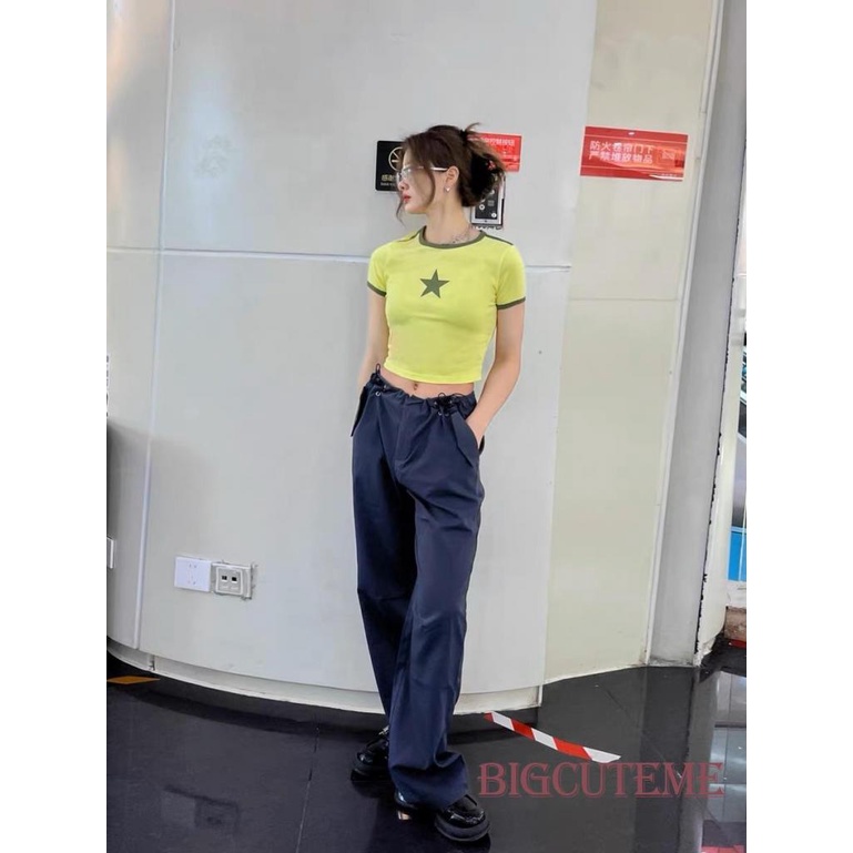 Áo Croptop Tay Ngắn Cổ Tròn Màu Sắc Tương Phản In Họa Tiết Ngôi Sao Thời Trang Cho Nữ