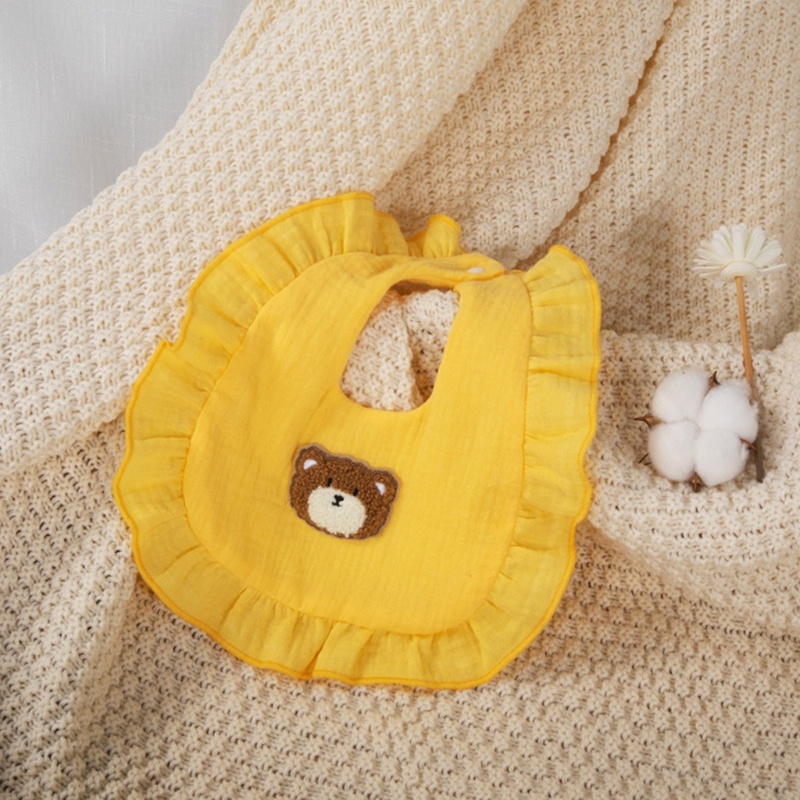 Yếm Ăn Viền Bèo Nhún Thấm Hút Cao Thêu Họa Tiết Chú Gấu Dễ Thương Cho Bé Sơ Sinh