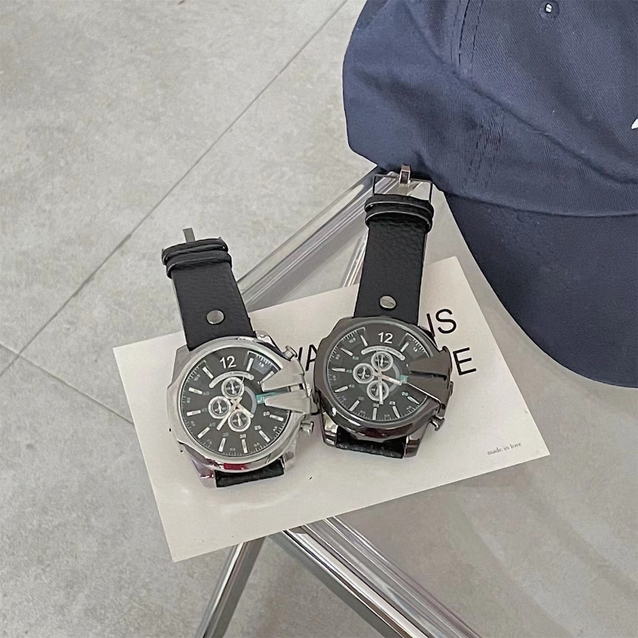 Đồng Hồ Đeo Tay Mặt Tròn Dây Da PU Kiểu Hip-Hop Hàn Quốc Cá Tính Cho Nam