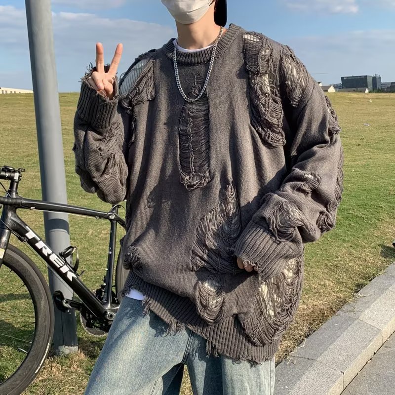 Áo Sweater Rách Dáng Rộng Phong Cách Đường Phố Nhật Bản Thời Trang Thu Đông Dành Cho Nam