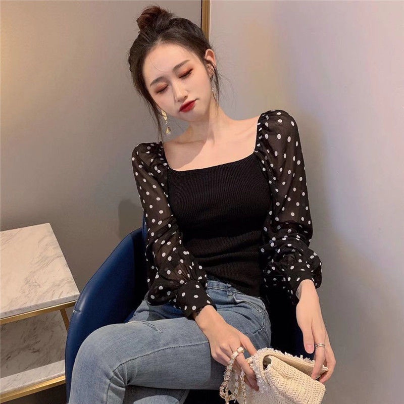 Áo Sweater Cổ Vuông Tay Phồng Ôm Dáng Họa Tiết Chấm Bi Phong Cách Hàn Quốc Thời Trang Mùa Xuân 2023 Mới Cho Nữ