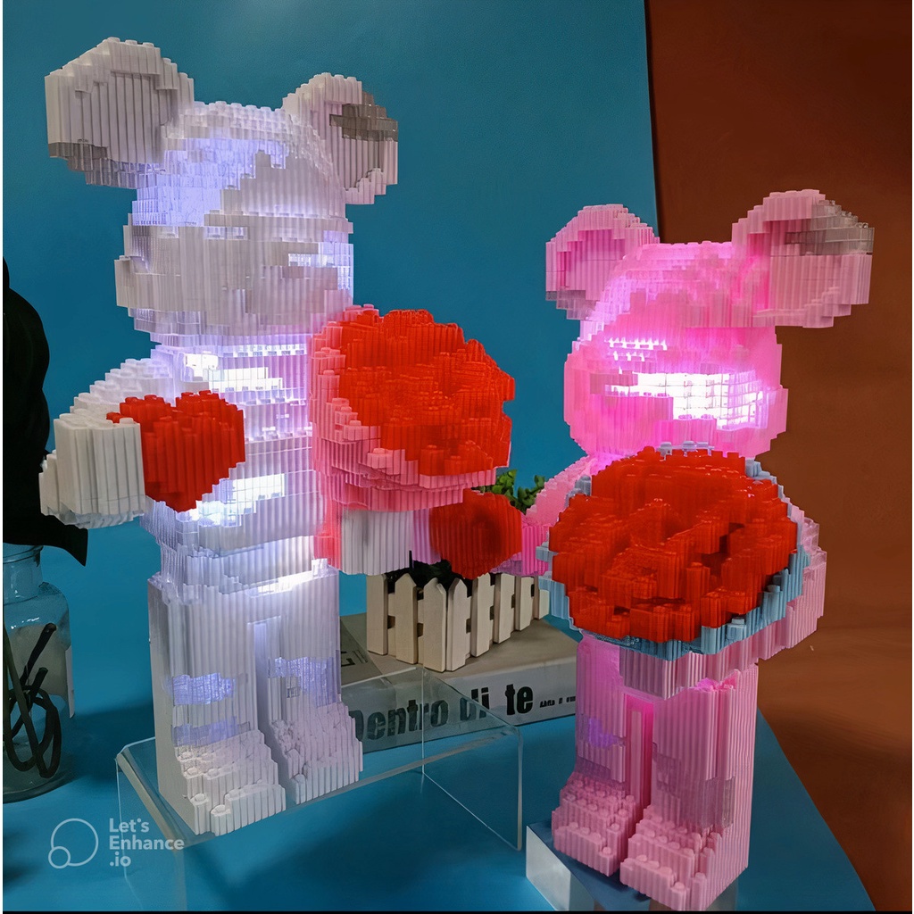 Mô Hình Lắp Ráp Gấu Ôm Hoa Bearbrick Có Đèn  Siêu Hot Size 36cm , Quà Tặng Bạn Gái nhà Cửa quà tặng bé trai và bé gái