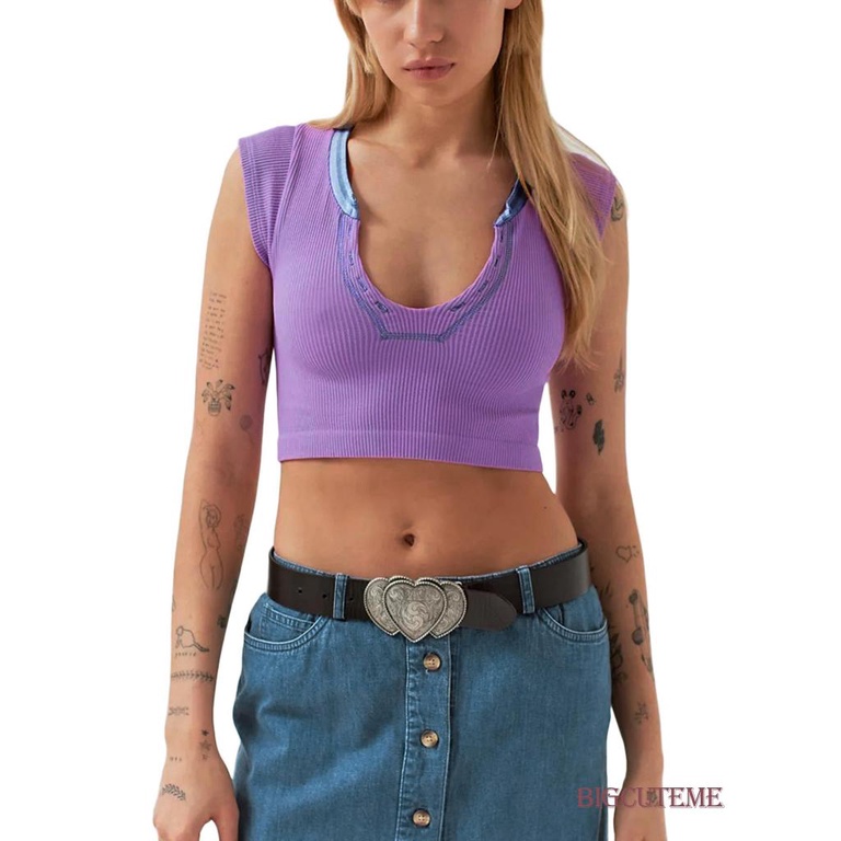 Áo Thun Croptop Tay Ngắn Cổ Chữ U Màu Sắc Tương Phản Thời Trang Mùa Hè Cho Nữ