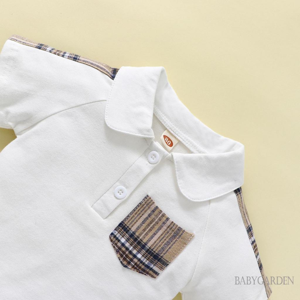 Bộ Áo Sơ Mi Ngắn Tay Cổ Bẻ + Quần Short Lưng Thun Sọc Ca Rô Cho Bé Trai 9 Tháng-4 Tuổi