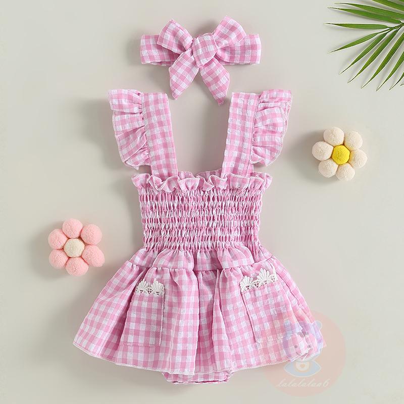 Bộ Áo Liền Quần Tay Cánh Tiên Họa Tiết Kẻ Sọc Phối Ren + Băng Đô Cài Tóc Thời Trang Mùa Hè Xinh Xắn Cho