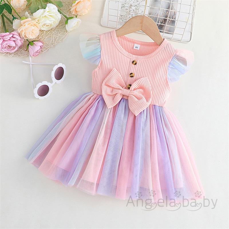 Đầm Công Chúa Dáng Chữ A Tay Bay Phối Lưới Màu Cầu Vồng Thời Trang Mùa Hè Cho Bé Gái