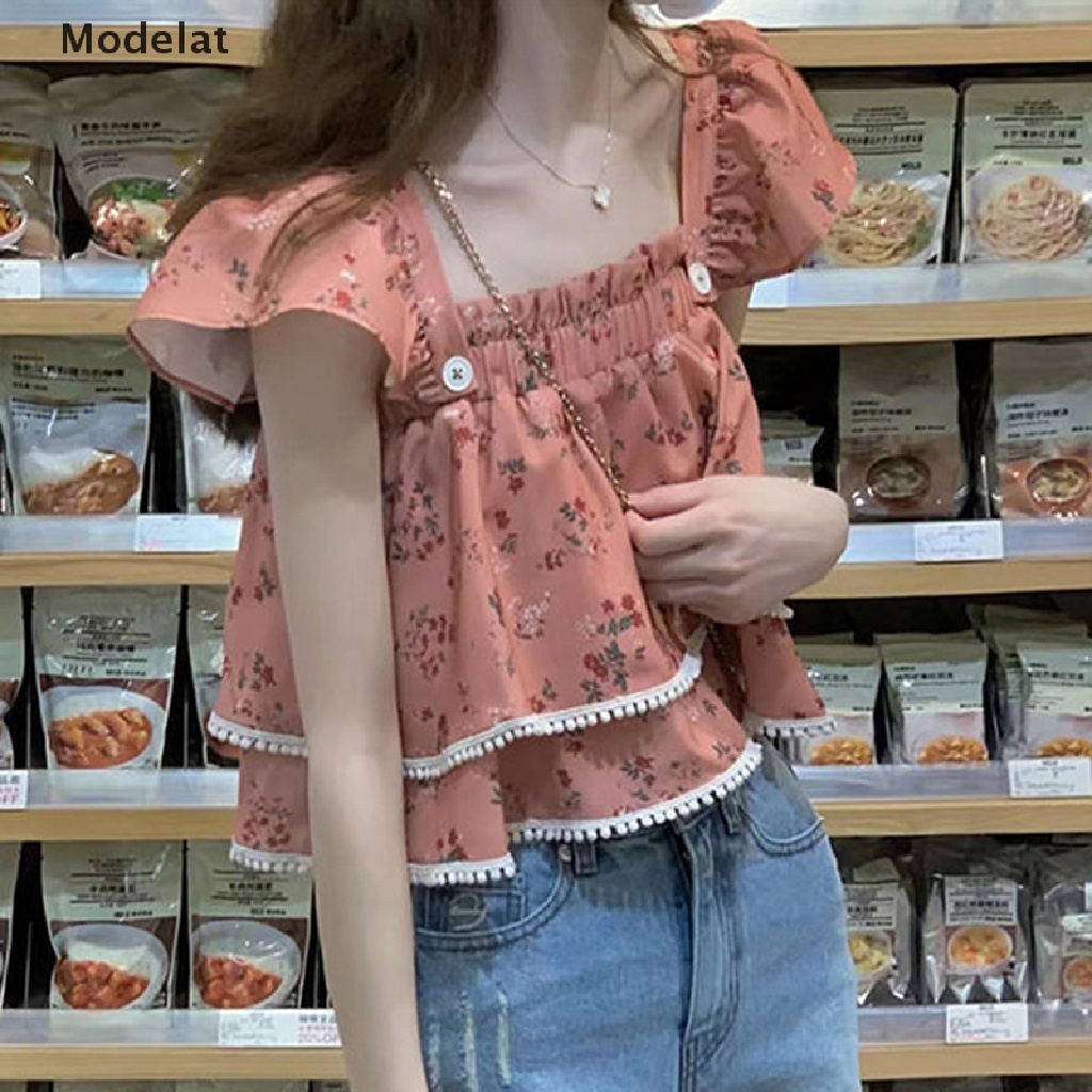 Áo Croptop Cổ Vuông Tay Cánh Bướm In Họa Tiết Hoa Thời Trang Mùa Hè Xinh Xắn Cho Nữ