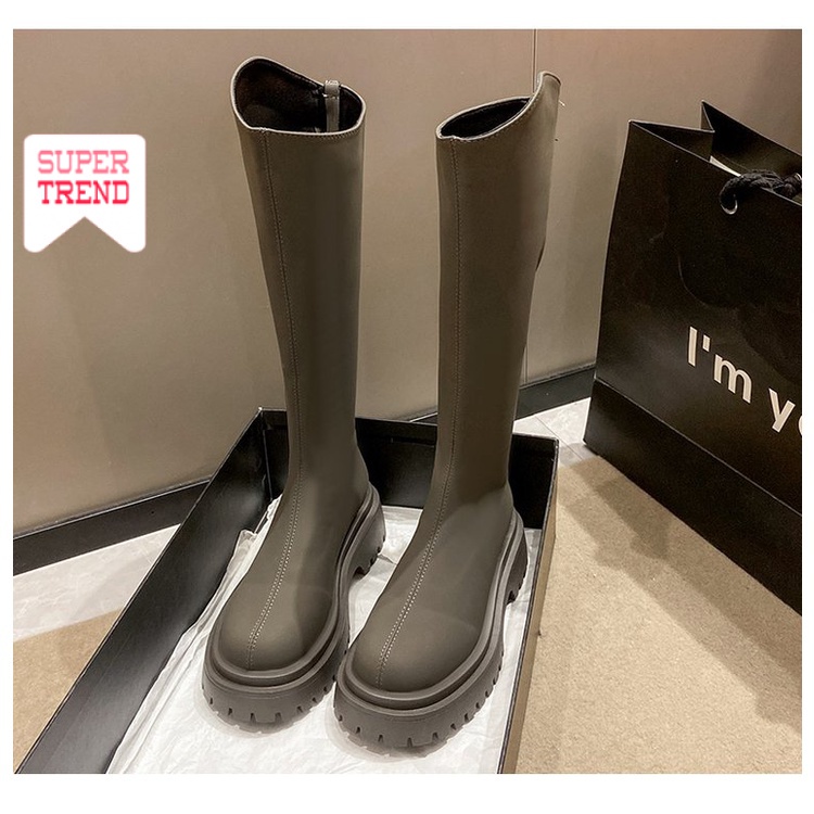 Giày Bốt Cao Gót Mũi Tròn Màu Trơn Phối Khóa Kéo Sau Lưng Dày Dặn Ấm Áp Hợp Thời Trang