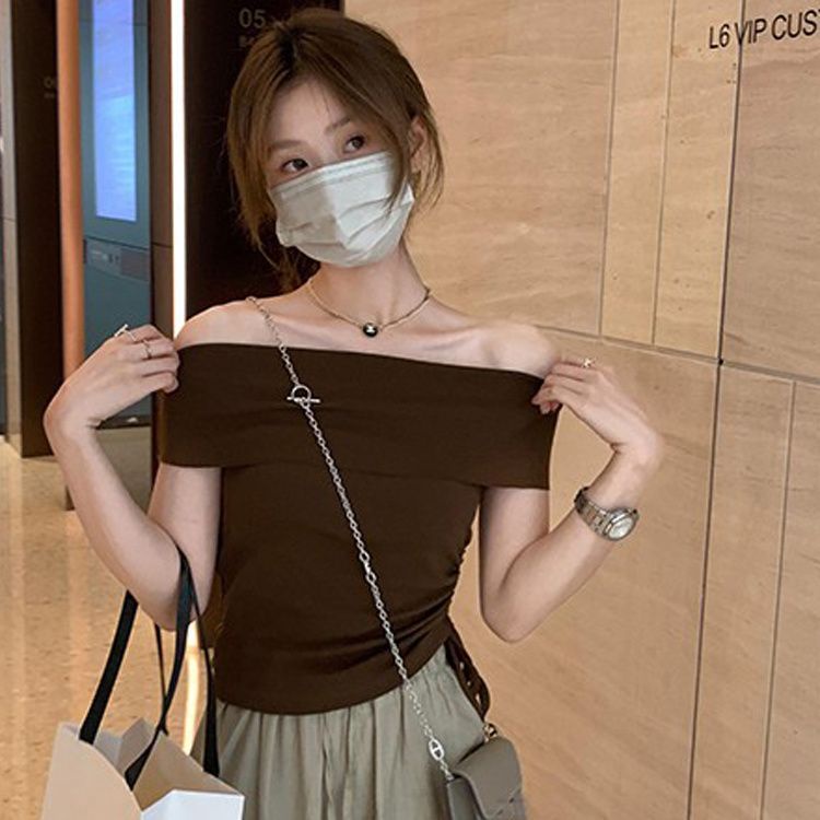 COZOKC Áo Thun Tay Ngắn Trễ Vai Thiết Kế Dây Rút Xếp Ly Xinh Xắn