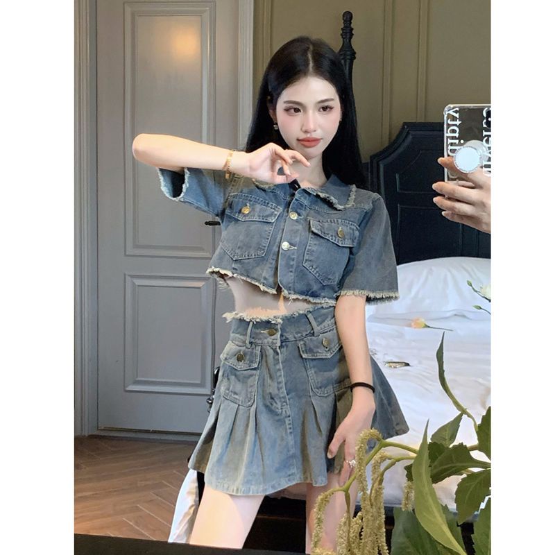 Bộ Áo Sơ Mi Denim Ngắn Phối Chân Váy Ngắn Lưng Cao Kiểu Retro Thời Trang Mùa Hè Cho Nữ