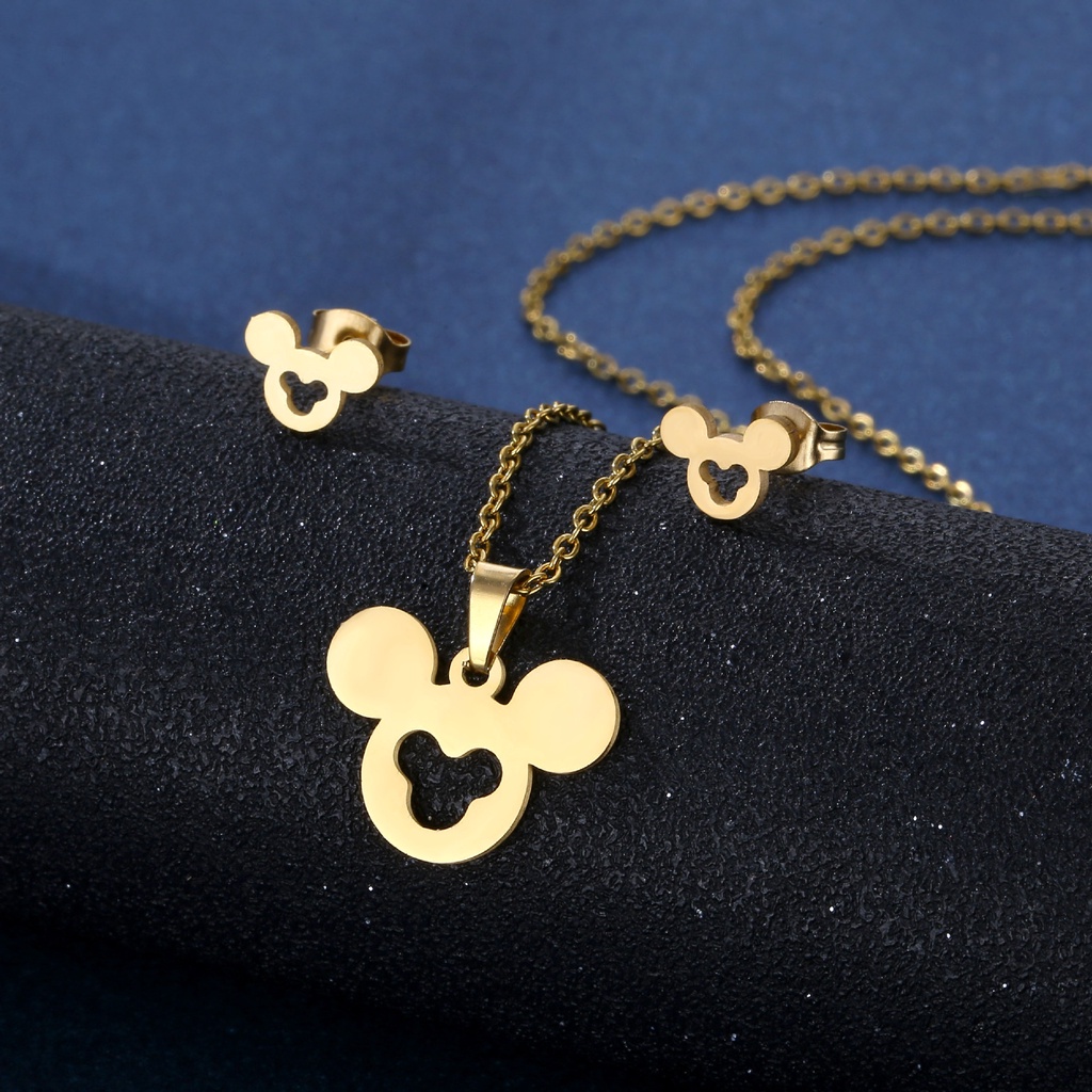 Bộ Vòng cổ + Bông Tai Mạ Vàng Hình Chuột Mickey Rỗng Chống Nước