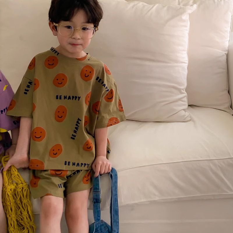 Set Áo Thun Ngắn Tay In Hình Mặt Cười Hoạt Hình Và Quần Short Thời Trang Mùa Hè Phong Cách Hàn Quốc Cho Bé