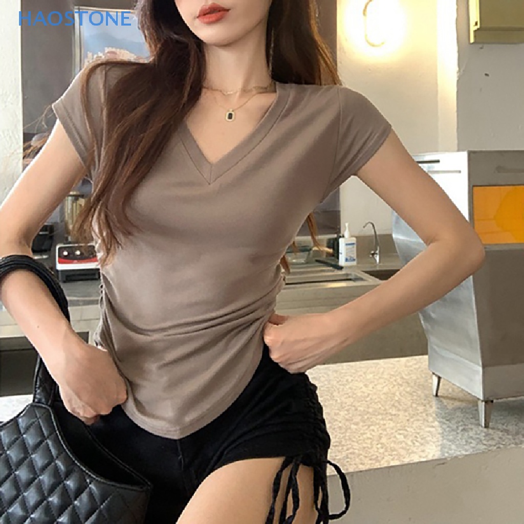 Áo Thun Tay Ngắn Cổ Chữ V Màu Trơn Dáng Ôm Không Đồng Đều Mùa Hè Cho Nữ MCL