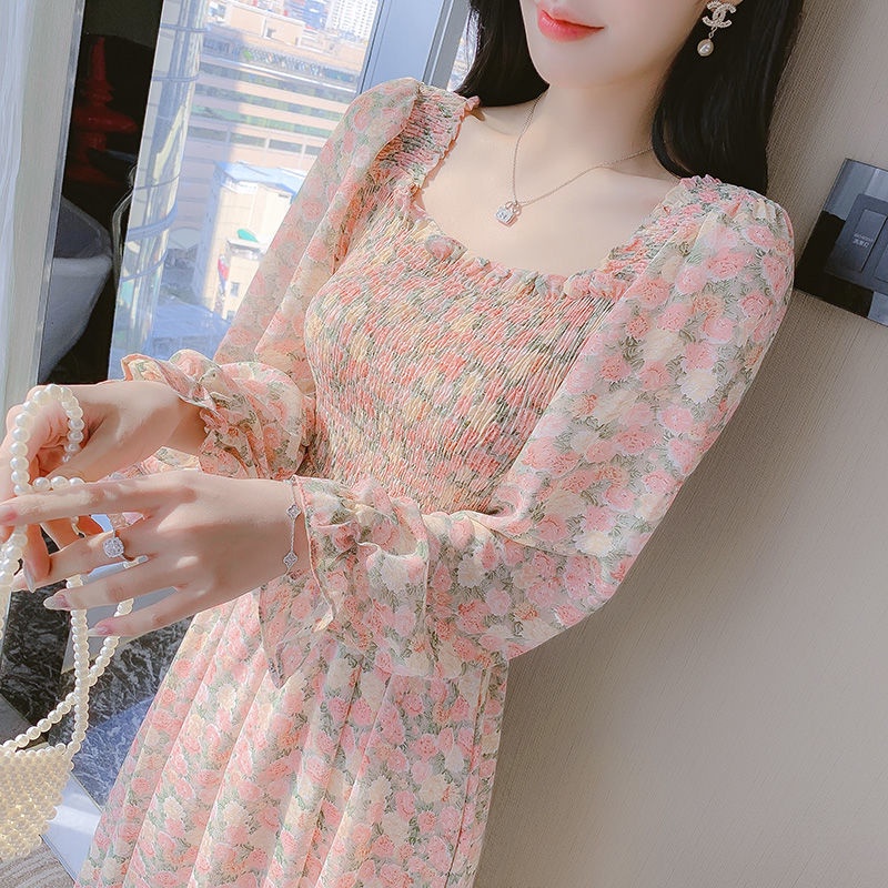 Đầm Voan Dáng Dài Họa Tiết Hoa Thời Trang Xuân Thu 2023 Phong Cách Pháp Cổ Điển Hàng Mới Dành Cho Bạn Nữ