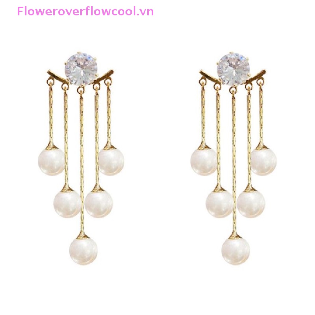 Hoa Tai Dáng Dài Đính Ngọc Trai Phối Tua Rua Phong Cách Hàn Quốc