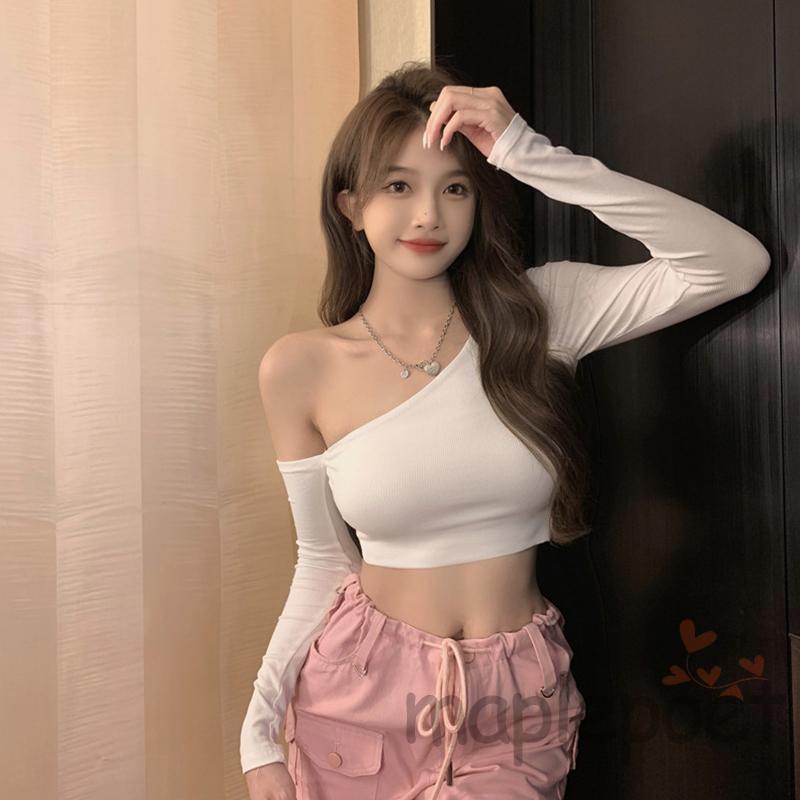 Áo Thun Croptop Tay Dài Lệch Vai Màu Sắc Đơn Giản Dành Cho Nữ