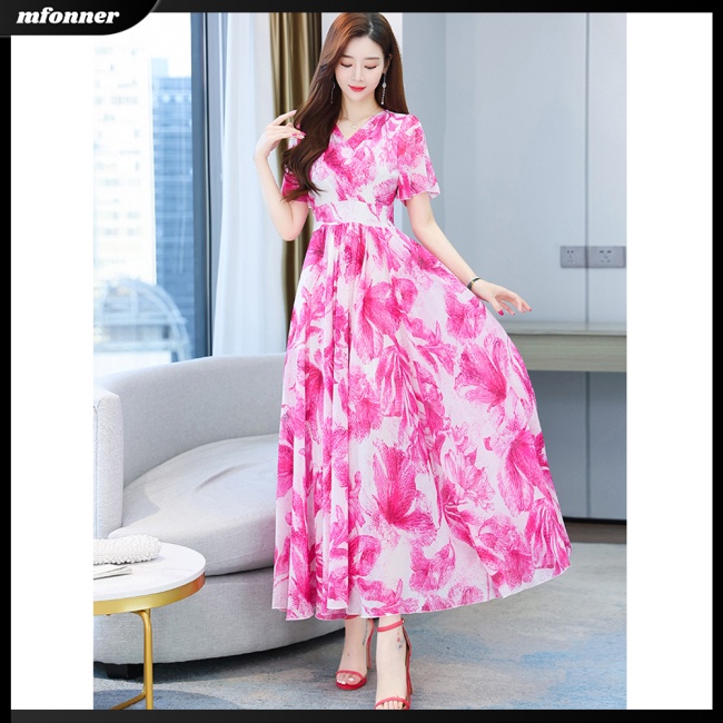 Đầm Hoa Tay Ngắn Cổ Chữ V Dáng Xòe Thời Trang Cho Nữ