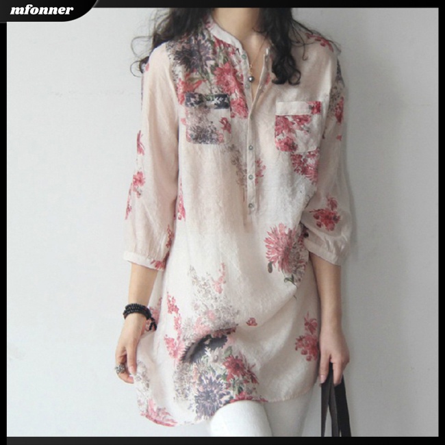 Áo Sơ Mi Cotton Lanh Ngắn Tay Họa Tiết Hoa Thời Trang Cho Nữ