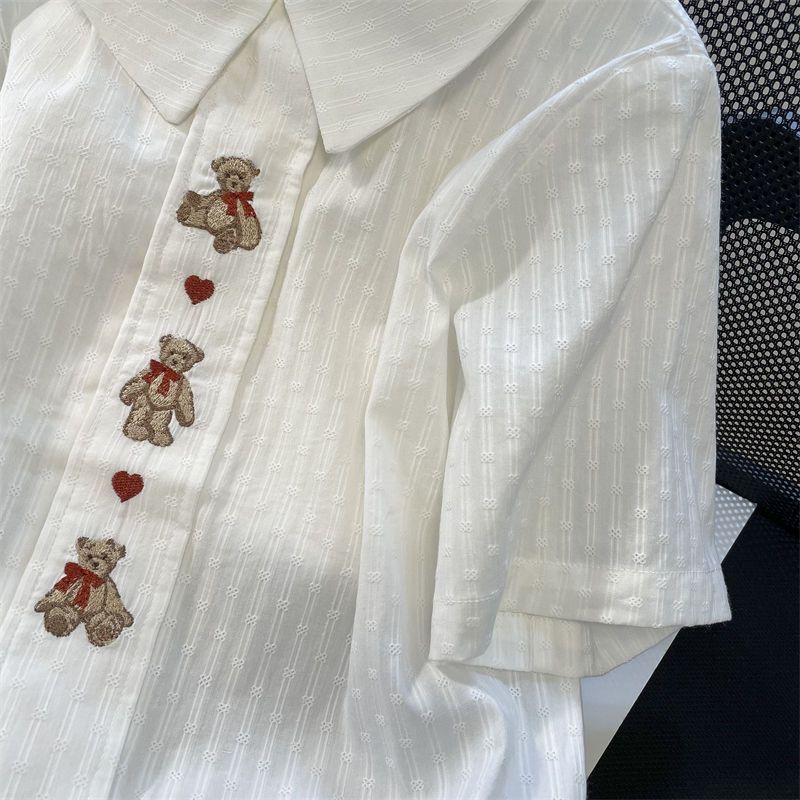 Phong Cách Nhật Bản Preppy Phong Cách Búp Bê Cổ Gấu Áo Sơ Mi Tình Yêu Nữ Mùa Hè Rời Thiết Kế Retro Nửa Tay Top