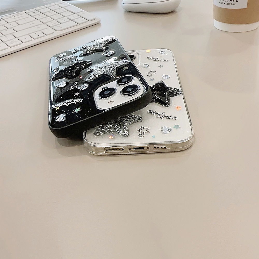 Ốp Điện Thoại TPU Mềm Chống Rơi Phối Bột Bạc Hình Ngôi Sao 3D Sang Trọng Cho IPhone 14 13 12 11 Pro Max X XR 8 7 Plus SE